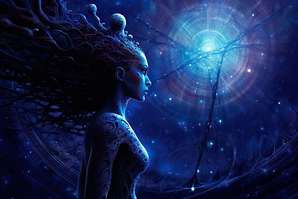 Alien woman seeing into the future. AI Generated.